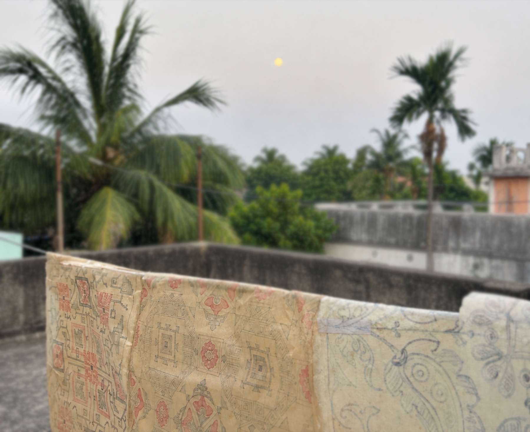 A hand-drawn linoleum design on cloth, hung on a rooftop against palm trees and the evening sky